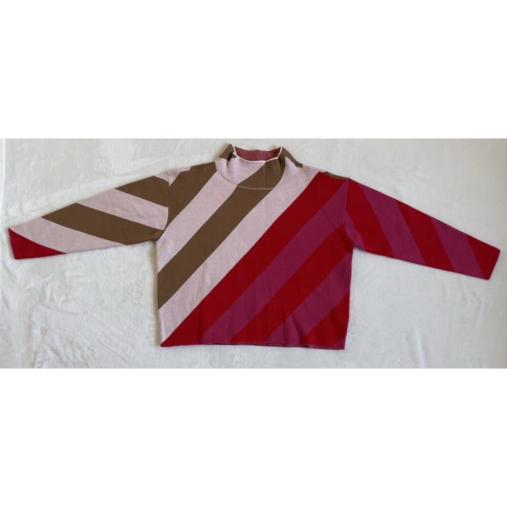 Maeve Anthropologie Carys Mock Neck Red Pink Striped Sweater Preppy Women Small